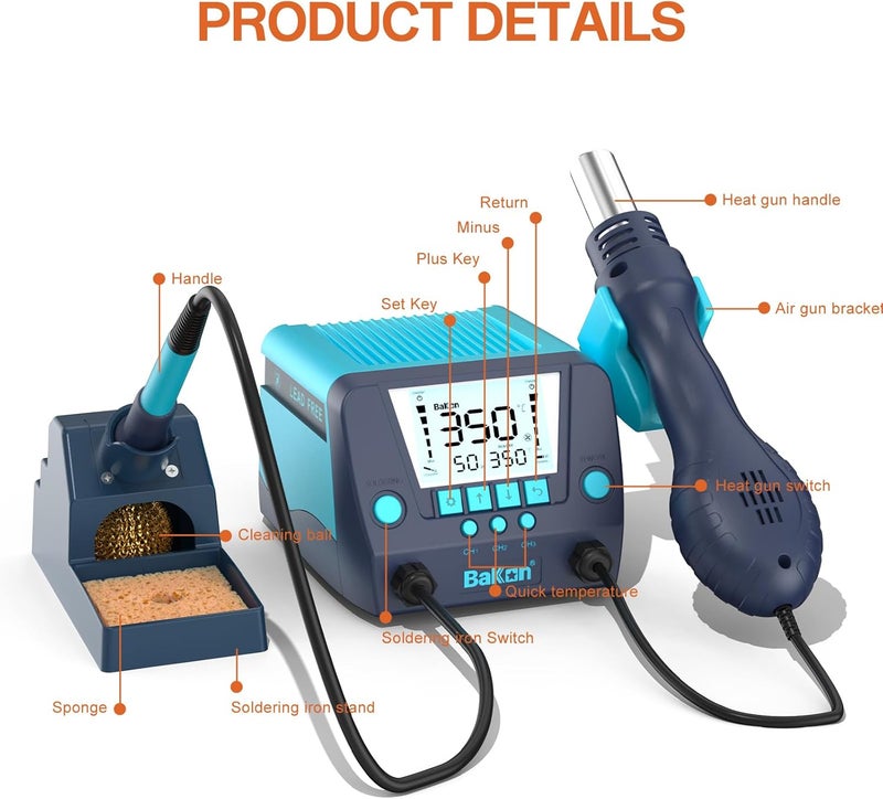 BAKON 882 2-In-1 Digital Soldering Hot Air Rework Station Kit with 3 Preset Channels,Auto Sleep Solder Iron, °C/°F Conversion,Solder Wire, Tips,Tweezers, Nozzles,Solder Sucker - Image 5